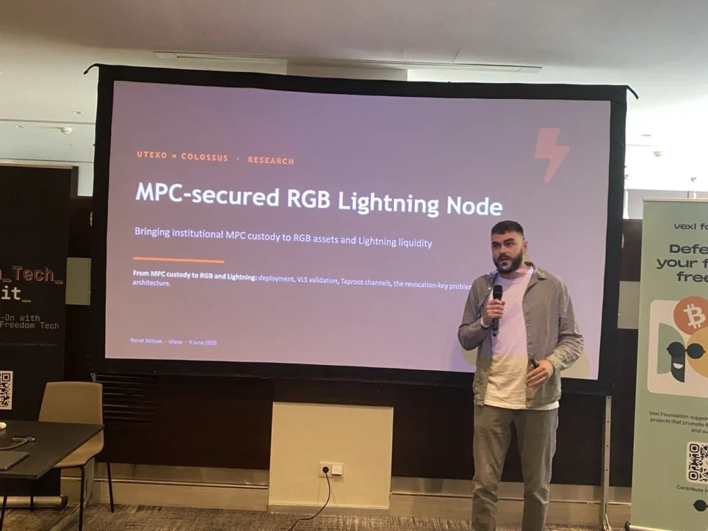 Renat Skitsan, Co-Founder and CTO of Utexo, presenting at BTC Prague 2026 Freedom Tech Summit