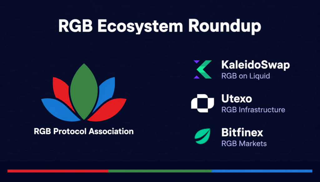 RGB Protocol Association "RGB Ecosystem Roundup" cover graphic with the Association logo and three ecosystem partners: KaleidoSwap (RGB on Liquid), Utexo (RGB Infrastructure), Bitfinex (RGB Markets).