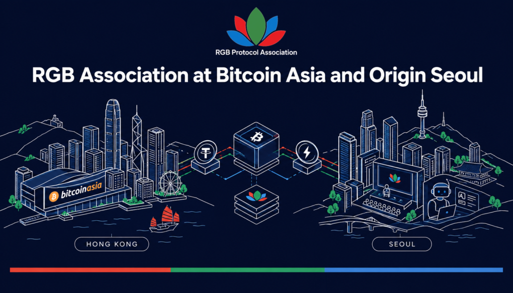 RGB Protocol Association illustration connecting Bitcoin Asia in Hong Kong and Origin Seoul, with Bitcoin, Lightning, and stablecoin icons linking the two cities