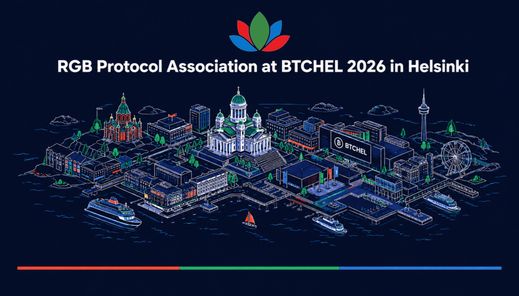 RGB Protocol Association at BTCHEL 2026, illustrated Helsinki skyline with the BTCHEL conference venue