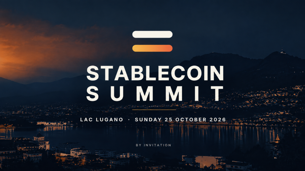 RGB Protocol Association Stablecoin Summit banner — LAC Lugano, Sunday October 25, 2026, by invitation, over a dusk skyline of Lugano and its lake